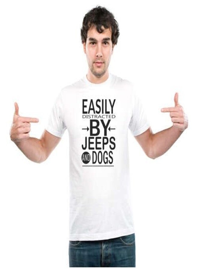 UDNAG Unisex Round Neck Graphic 'Dog | Easily Distracted by Jeeps Dog' Polyester T-Shirt White [Size 2YrsOld/22in to 7XL/56in] - Image 1